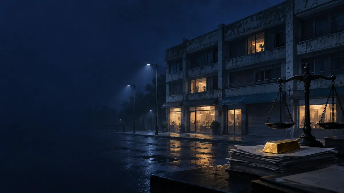 Ilustrasi editorial bernuansa biru gelap berupa gedung plaza tua yang menyala di malam hari, dengan timbangan hukum dan sebatang emas samar di latar depan