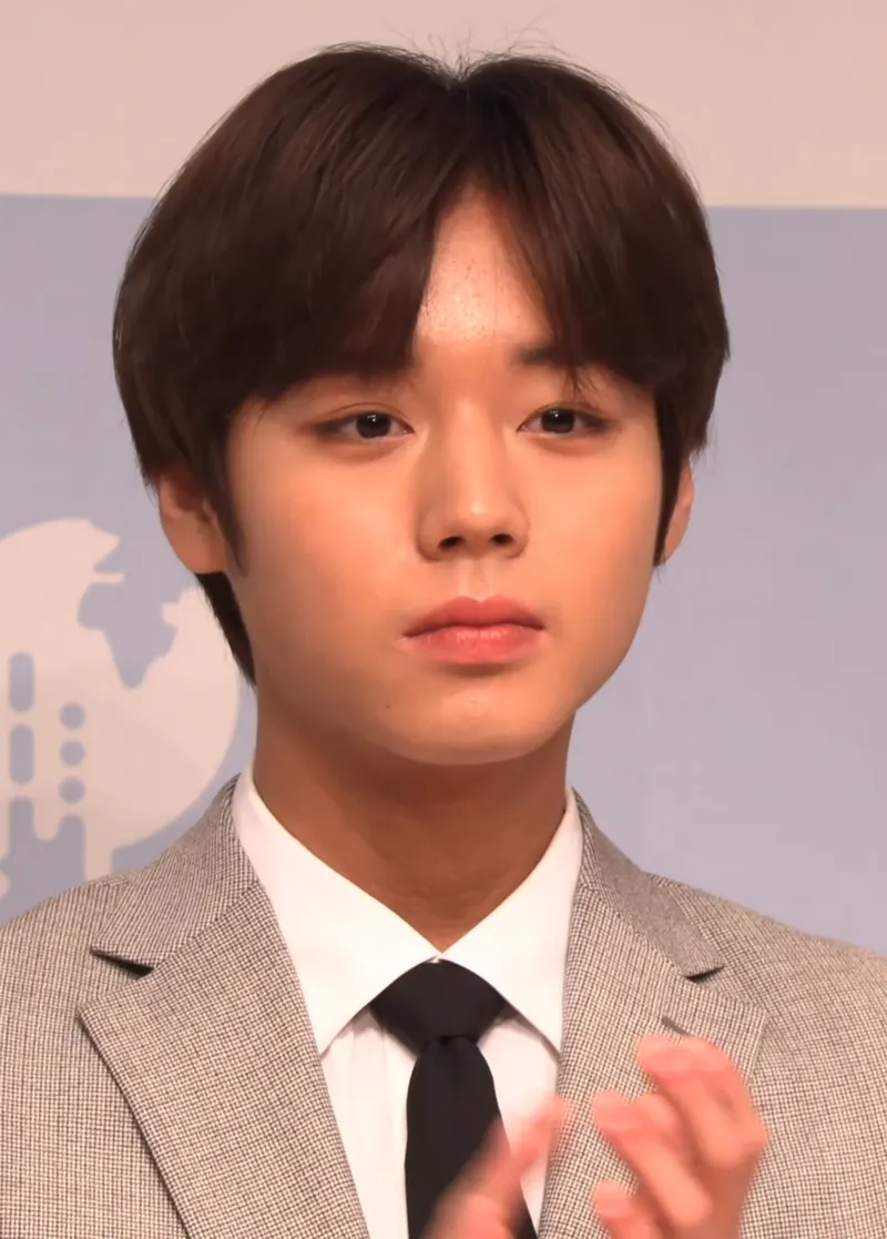 Park Ji-hoon berjas abu-abu, berkemeja putih dan berdasi hitam di sebuah acara resmi