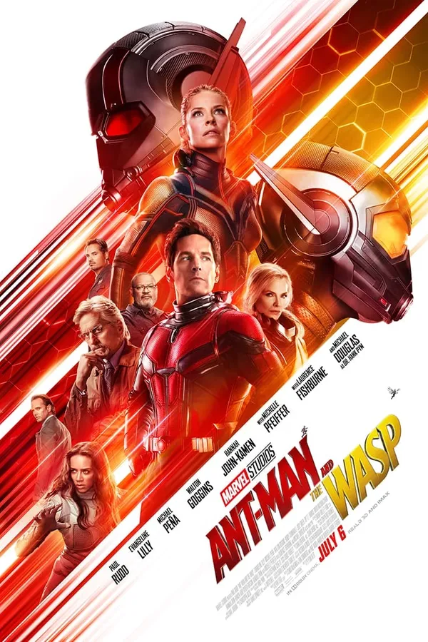 Poster resmi Ant-Man and the Wasp (2018): Ant-Man dan Wasp di tengah garis-garis cahaya merah jingga, diapit helm kedua pahlawan dan para pemeran lain, dengan tulisan July 6