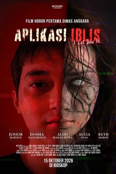 Poster resmi Aplikasi Iblis (2026): wajah seorang pemuda bersinar merah menyatu dengan wajah perempuan pucat bermata putih, dengan tulisan 15 Oktober 2026 di bioskop