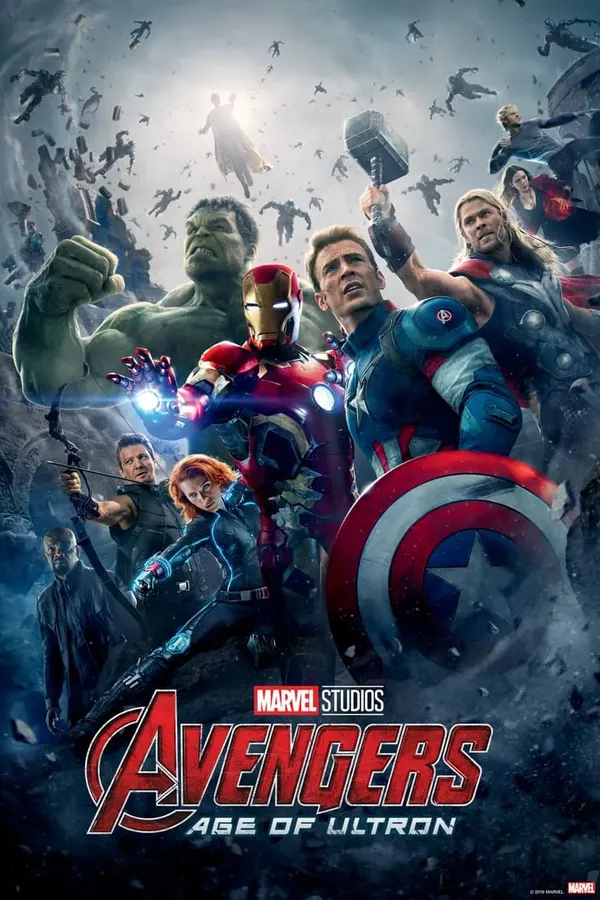Poster resmi Avengers: Age of Ultron (2015): Hulk, Iron Man, Captain America, Thor, Black Widow, dan Hawkeye bertarung di tengah reruntuhan dengan robot-robot Ultron beterbangan di langit