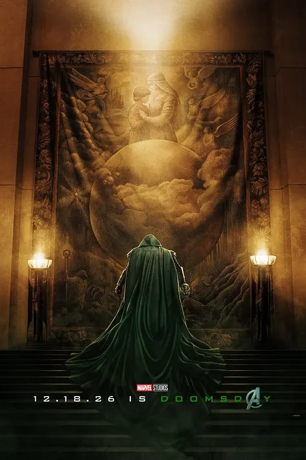 Poster resmi Avengers: Doomsday (2026) versi teaser: sosok berjubah hijau berkerudung menaiki tangga menuju permadani besar bergambar bola dunia, dengan tulisan 12.18.26 Is Doomsday