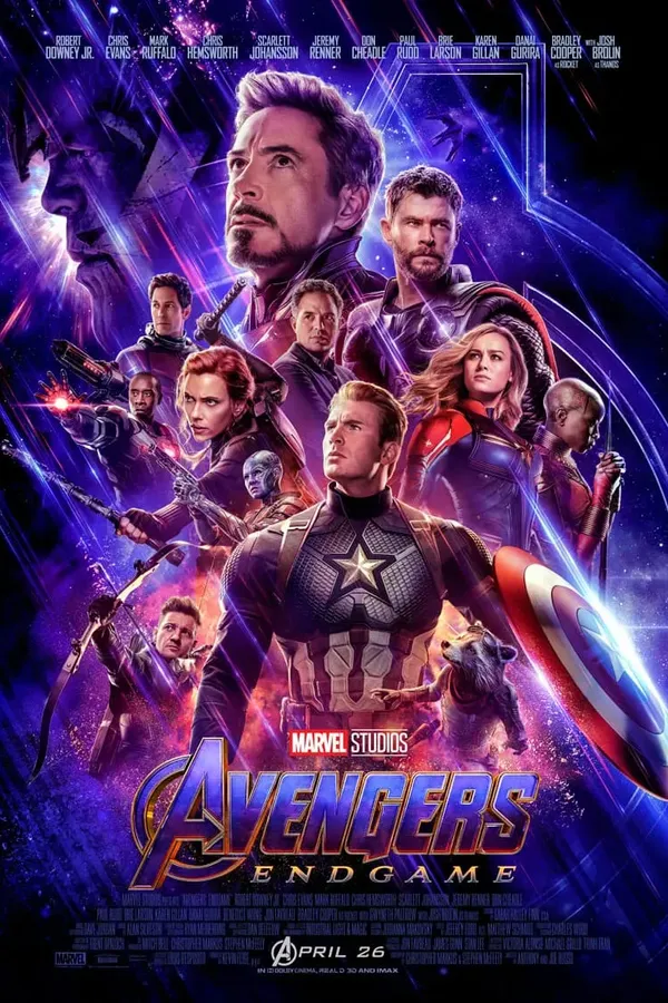 Poster resmi Avengers: Endgame (2019): Captain America di tengah dikelilingi Iron Man, Thor, Black Widow, Captain Marvel, dan para Avengers lain berlatar ungu, Thanos di kiri atas, dengan tulisan April 26