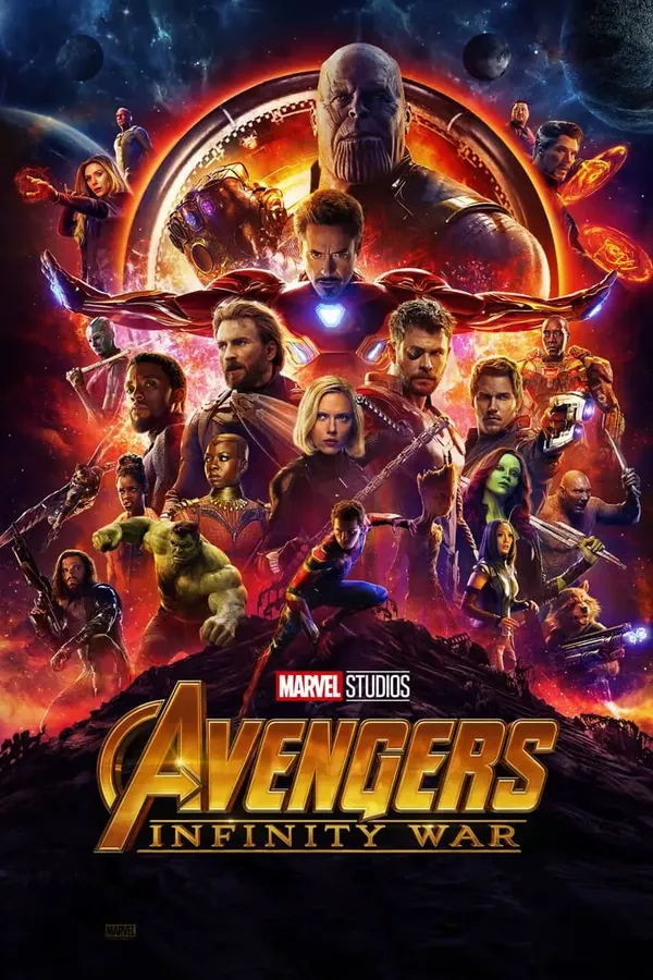Poster resmi Avengers: Infinity War (2018): Thanos bersarung tangan Infinity Gauntlet menjulang di atas Iron Man dan puluhan pahlawan Marvel yang berkumpul di atas bukit, berlatar ledakan jingga dan langit berbintang