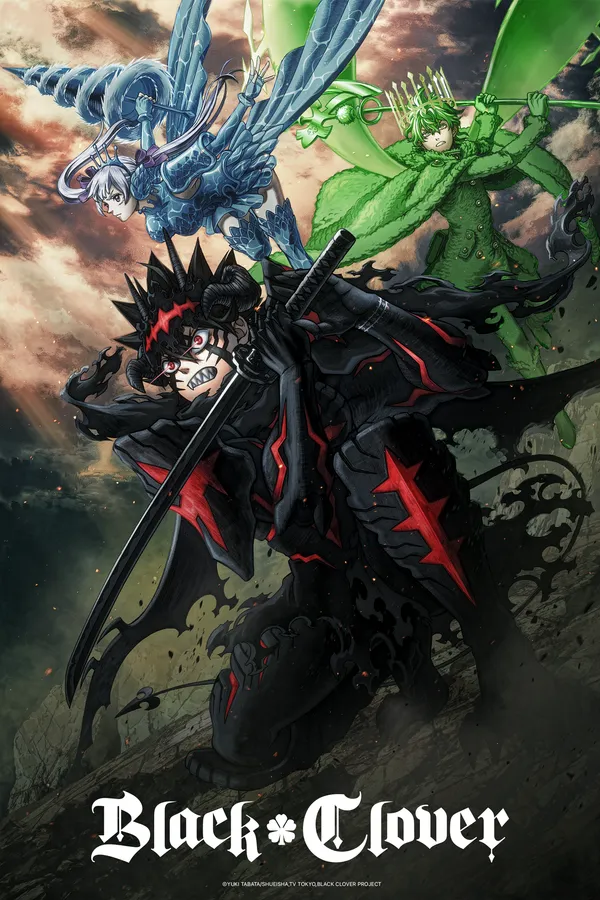 Poster resmi Black Clover Season 2 (2026): Asta dalam wujud iblis berzirah hitam-merah menghunus pedang, dengan Noelle berzirah air kebiruan dan Yuno berzirah roh hijau di belakangnya serta logo Black Clover di bawah