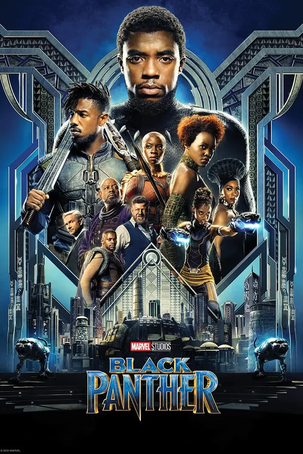 Poster resmi Black Panther (2018): T'Challa di puncak, dikelilingi Killmonger, Okoye, Nakia, Shuri, Ramonda, dan pemeran lain berlatar kota Wakanda bernuansa biru.