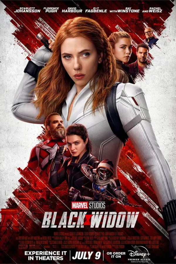 Poster resmi Black Widow (2021): Natasha Romanoff berkostum putih di depan, bersama Yelena, Red Guardian, Melina, dan Taskmaster berlatar sapuan merah.