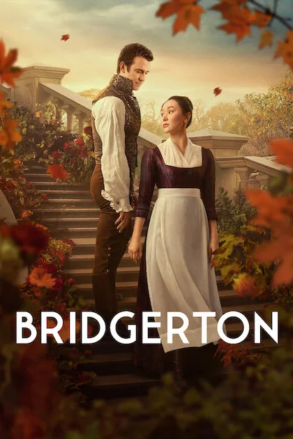 Poster resmi Bridgerton (2020): seorang pria berbusana era Regency dan seorang perempuan bercelemek pelayan berdiri di tangga taman berdaun musim gugur, judul BRIDGERTON berhuruf putih.