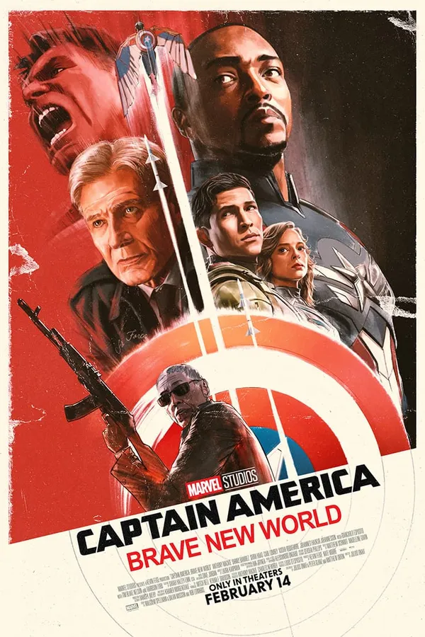 Poster resmi Captain America: Brave New World (2025) bergaya lukisan: Sam Wilson, Thaddeus Ross, Red Hulk, dan Joaquin Torres di atas perisai merah putih biru.
