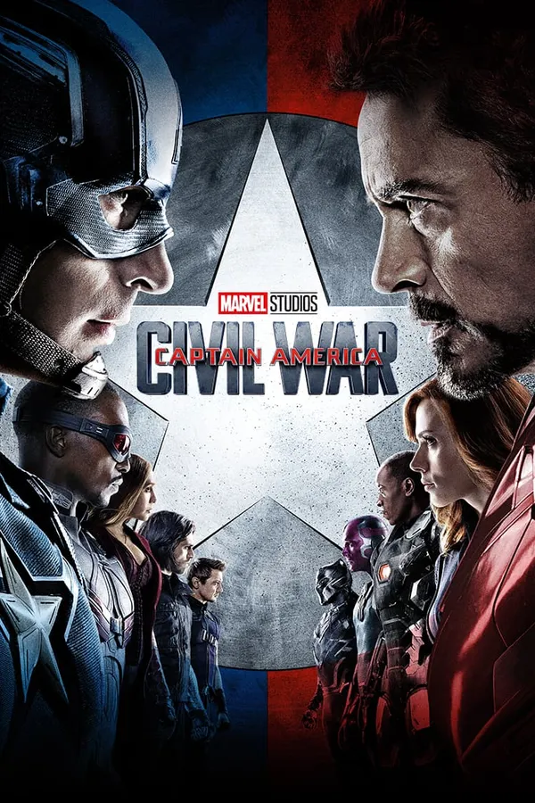 Poster resmi Captain America: Civil War (2016): Captain America dan Iron Man saling berhadapan, masing-masing diikuti timnya, dengan bintang perisai di tengah.