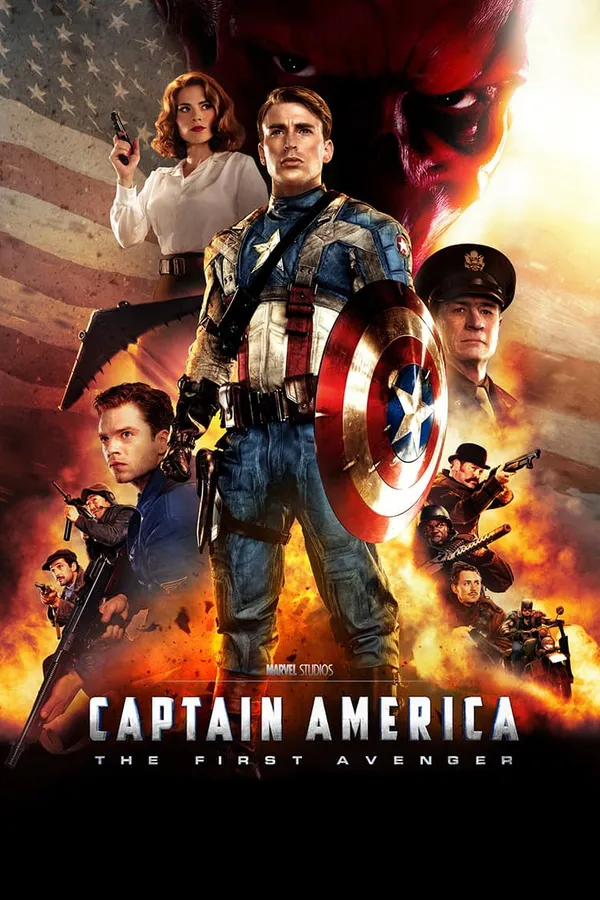 Poster resmi Captain America: The First Avenger (2011): Steve Rogers memegang perisai di tengah ledakan, bersama Peggy Carter, Bucky Barnes, dan Red Skull berlatar bendera Amerika.
