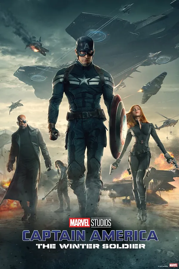 Poster resmi Captain America: The Winter Soldier (2014): Captain America berjalan di depan Nick Fury, Black Widow, dan Winter Soldier dengan helicarrier S.H.I.E.L.D. di langit.