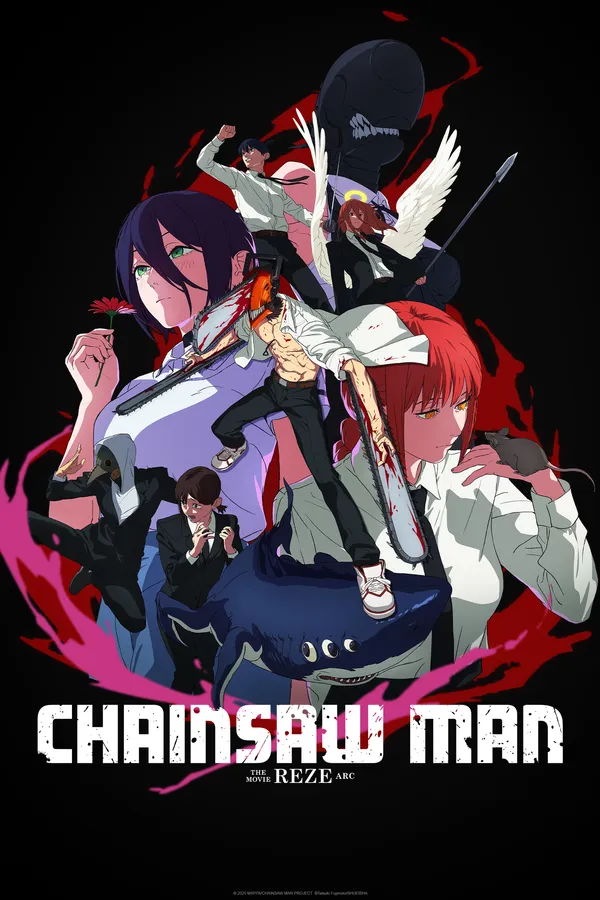 Poster resmi Chainsaw Man – The Movie: Reze Arc (2025): Reze berambut ungu memegang bunga merah, Denji dengan gergaji mesin di lengannya, Makima, dan tokoh lain berlatar hitam dengan sapuan merah, logo Chainsaw Man di bawah