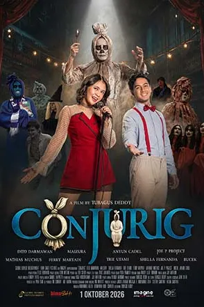 Poster resmi Conjurig (2026): Maizura bergaun merah dan Dito Darmawan berdasi kupu-kupu di atas panggung, dikelilingi cosplayer dan sosok pocong, judul CONJURIG biru dan tanggal 1 Oktober 2026