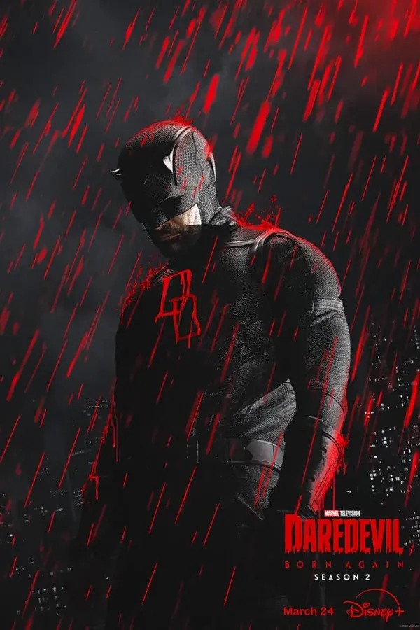 Poster resmi Daredevil: Born Again musim 2: Daredevil berkostum merah gelap di tengah hujan garis merah, judul DAREDEVIL Born Again Season 2 di kanan bawah