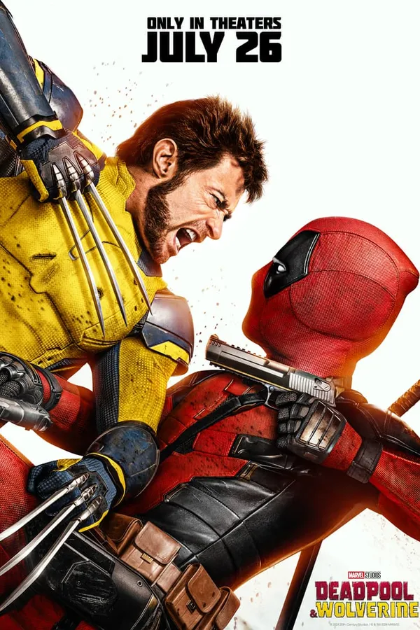 Poster resmi Deadpool & Wolverine (2024): Wolverine berkostum kuning dan Deadpool berkostum merah saling bergulat dengan cakar dan pistol berlatar putih.