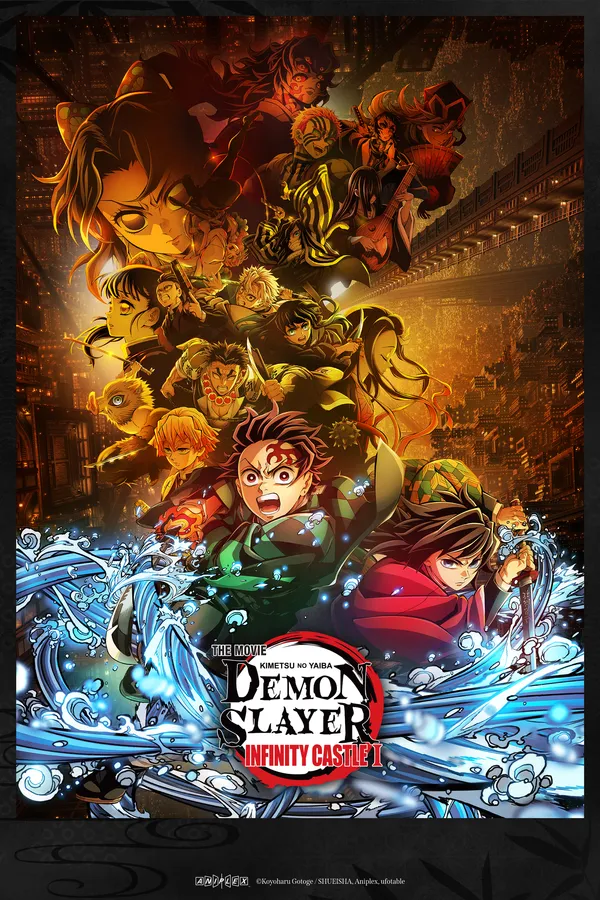 Poster resmi Demon Slayer: Kimetsu no Yaiba Infinity Castle (2025): Tanjiro Kamado dan Giyu Tomioka menghunus pedang di tengah gelombang air, dengan para Hashira dan iblis Bulan Atas di dalam Kastel Tanpa Batas di atas mereka