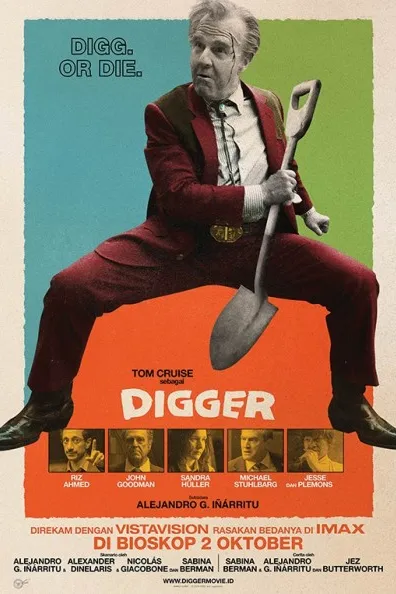 Poster resmi Digger (2026) versi Indonesia: Tom Cruise berjas merah duduk memegang sekop di depan latar biru, hijau, dan oranye, dengan keterangan di bioskop 2 Oktober