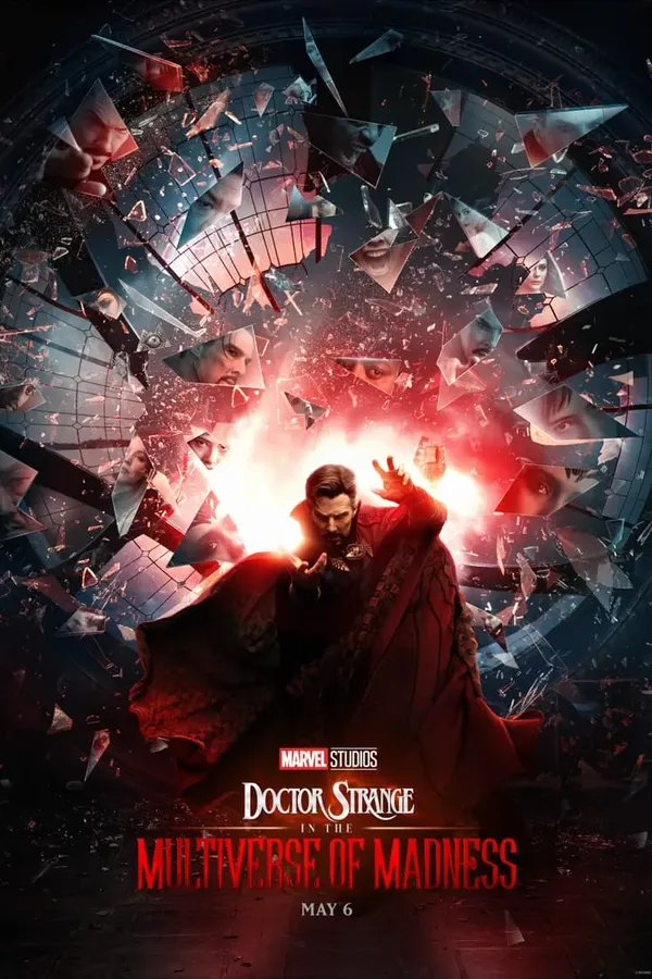 Poster resmi Doctor Strange in the Multiverse of Madness (2022): Doctor Strange berjubah merah merapal mantra di tengah pecahan kaca yang memantulkan banyak wajah