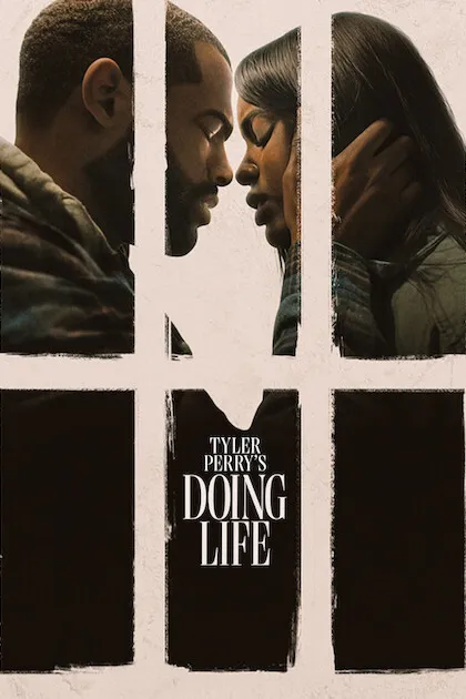 Poster resmi Doing Life (2026): seorang pria dan perempuan saling menempelkan dahi di balik garis menyerupai jeruji, bertuliskan Tyler Perry's Doing Life