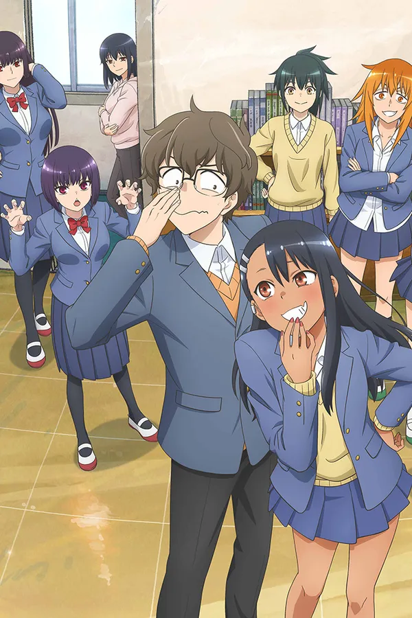 Poster resmi Don't Toy With Me, Miss Nagatoro (2021): key visual musim kedua 2nd Attack, Nagatoro tersenyum jahil di samping kakak kelasnya yang berkacamata, dikelilingi teman-teman di dalam ruangan sekolah