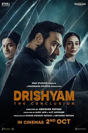 Poster resmi Drishyam: The Conclusion (2026): Ajay Devgn di tengah bersama para pemeran lain berlatar kaca retak, dengan tulisan In Cinemas 2nd Oct