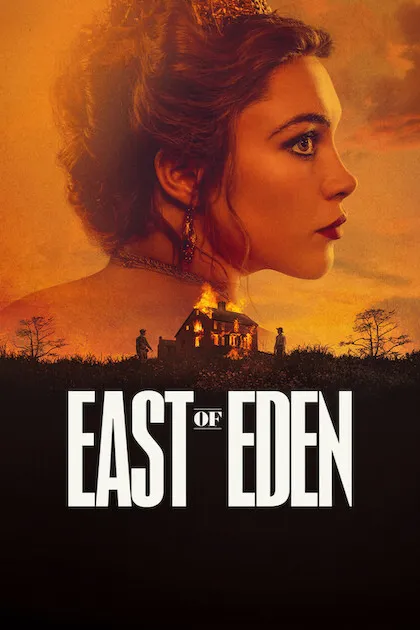 Poster resmi East of Eden (2026): wajah seorang perempuan dari samping menyatu dengan langit jingga di atas rumah yang terbakar, judul EAST OF EDEN berhuruf putih.