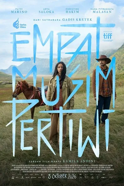 Poster resmi Empat Musim Pertiwi (2026): seorang perempuan dan pria bertopi koboi berdiri di padang rumput pegunungan bersama seekor kuda, dengan judul huruf biru besar