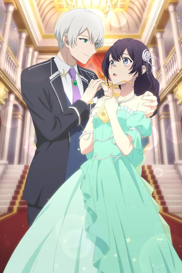 Poster resmi Even Though I'm a Super Timid Noble Girl, I Accepted the Bet From My Cunning Fiancé (2026): Rufus berjas hitam memegang kacamata Pia yang bergaun hijau mint sambil merangkul bahunya, di aula istana bertangga karpet merah