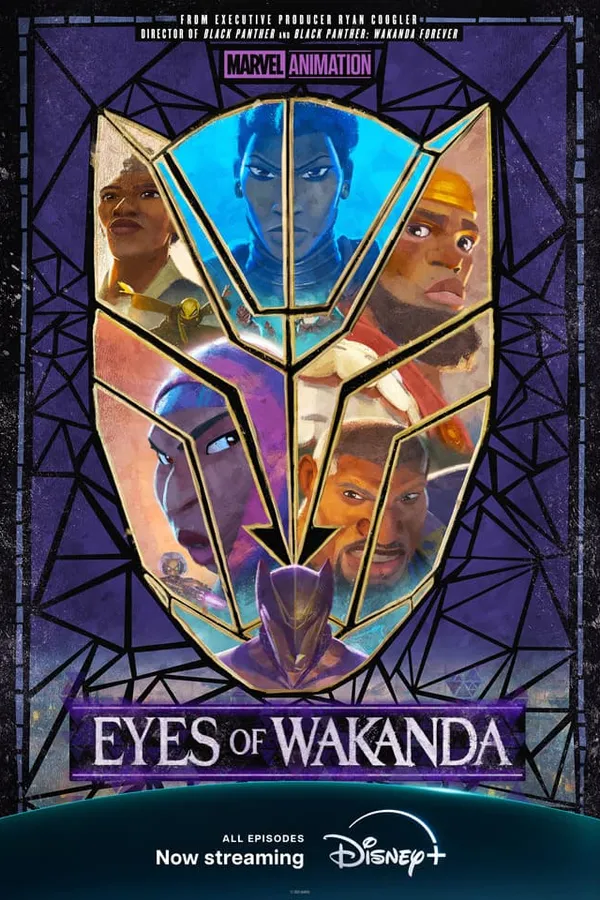 Poster resmi Eyes of Wakanda (2025): para pejuang Wakanda dalam bingkai kaca patri berbentuk topeng Black Panther berlatar ungu, judul EYES OF WAKANDA di bawah