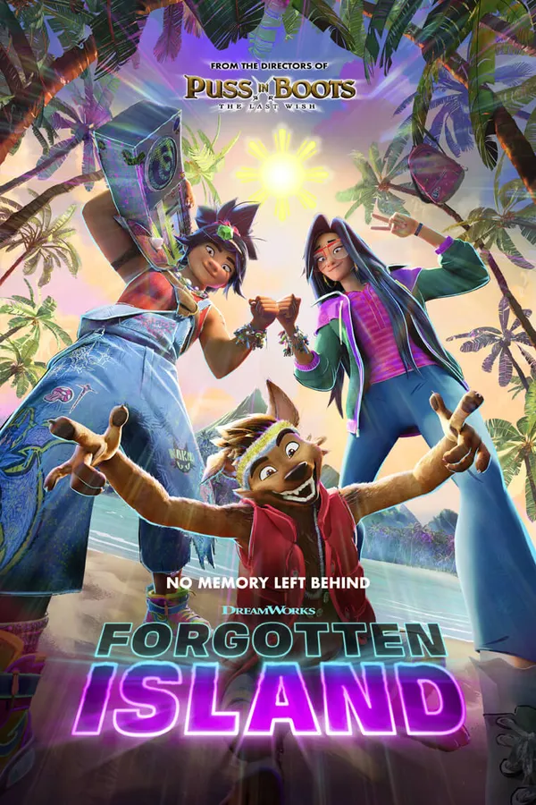 Poster resmi Forgotten Island (2026): dua tokoh perempuan animasi dan seekor makhluk berbulu cokelat berpose di pantai tropis berpohon kelapa, dengan judul neon hijau toska dan ungu