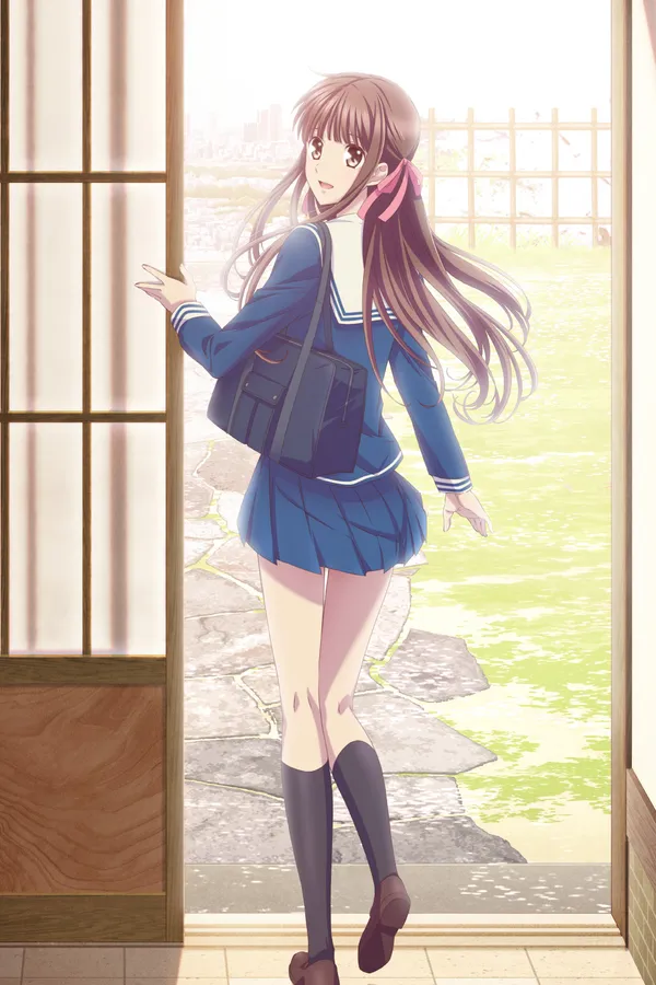 Poster resmi Fruits Basket (2019): Tohru Honda berseragam sekolah melangkah keluar dari pintu geser kayu menuju taman yang terang