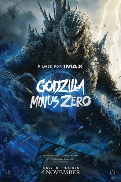 Poster resmi Godzilla Minus Zero (2026): Godzilla berdiri di tengah badai dan kilat, dengan judul putih dan tulisan Filmed for IMAX