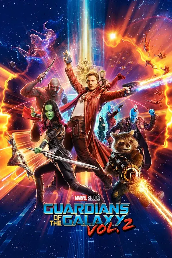 Poster resmi Guardians of the Galaxy Vol. 2 (2017): Peter Quill dan para Guardians, termasuk Gamora, Rocket, Drax, dan Yondu, berpose di depan latar kosmik jingga dan ungu yang menyala.