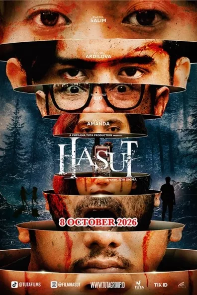 Poster resmi Hasut (2026): wajah para pemeran yang terpotong menjadi beberapa lapisan bertumpuk di atas hutan gelap, dengan judul HASUT dan tanggal tayang 8 Oktober 2026.