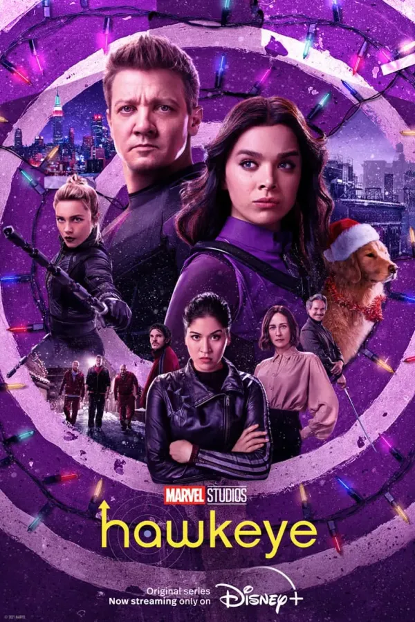 Poster resmi Hawkeye (2021): Clint Barton dan Kate Bishop di tengah lingkaran ungu bersama tokoh-tokoh lain dan seekor anjing bertopi Natal, judul hawkeye kuning di bawah