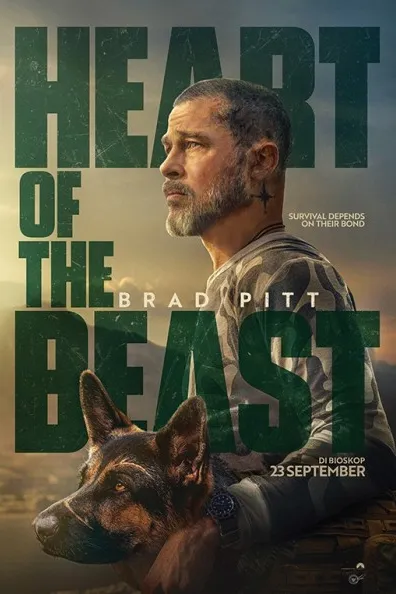 Poster resmi Heart of the Beast (2026): Brad Pitt berjanggut bersama seekor anjing gembala, dengan judul besar berwarna hijau