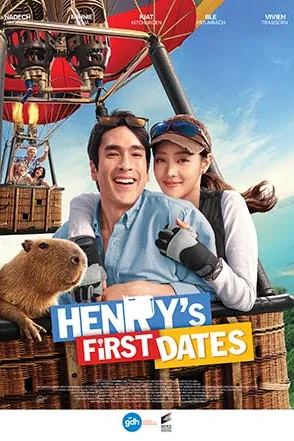 Poster resmi Henry's First Dates (2026): Henry dan Lucy tersenyum di keranjang balon udara bersama seekor kapibara, dengan judul berwarna di bagian bawah