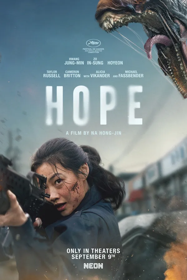 Poster resmi Hope (2026) terbitan NEON: seorang perempuan bersenjata membidik di jalanan berasap, sementara makhluk bertaring raksasa muncul dari sudut kanan atas, dengan judul HOPE di tengah.