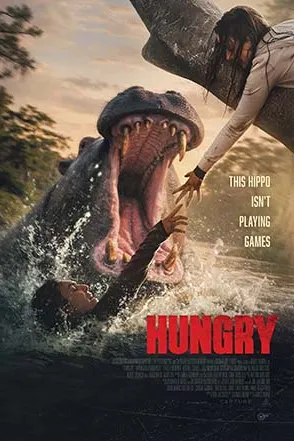 Poster resmi Hungry (2026): kuda nil membuka mulut lebar di air, sementara seorang perempuan bergelantungan di dahan pohon di atasnya