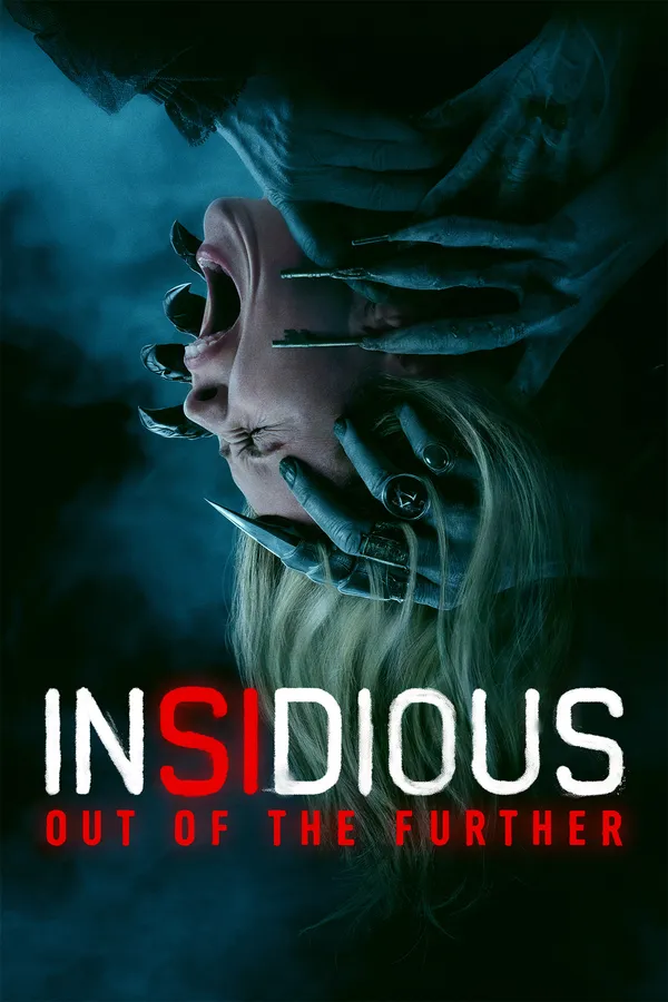 Poster resmi Insidious: Out of the Further (2026): wajah seorang perempuan berambut pirang yang menjerit dalam posisi terbalik, dicengkeram tangan-tangan berkuku panjang dari kegelapan, dengan judul merah dan putih di bawah.