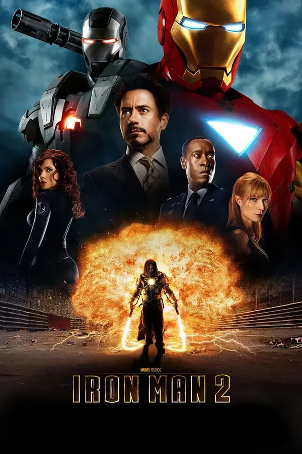 Poster resmi Iron Man 2 (2010): Iron Man dan War Machine di bagian atas, Tony Stark bersama para pemeran pendukung di tengah, dan sosok Whiplash berdiri di depan ledakan besar.
