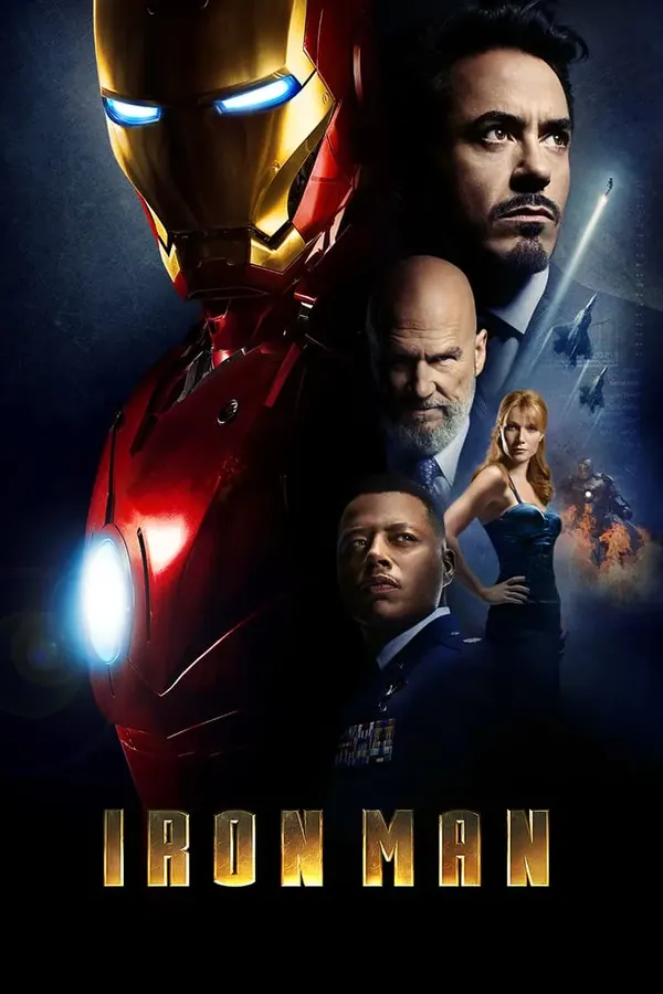 Poster resmi Iron Man (2008): separuh helm Iron Man berwarna merah dan emas di sisi kiri, Tony Stark dan para pemeran pendukung di sisi kanan, dengan tulisan IRON MAN di bagian bawah.