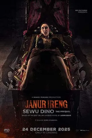 Poster resmi Janur Ireng: Sewu Dino The Prequel (2025): seorang perempuan duduk di singgasana kayu besar dalam ruangan gelap, judul merah di bawah dan tanggal 24 December 2025