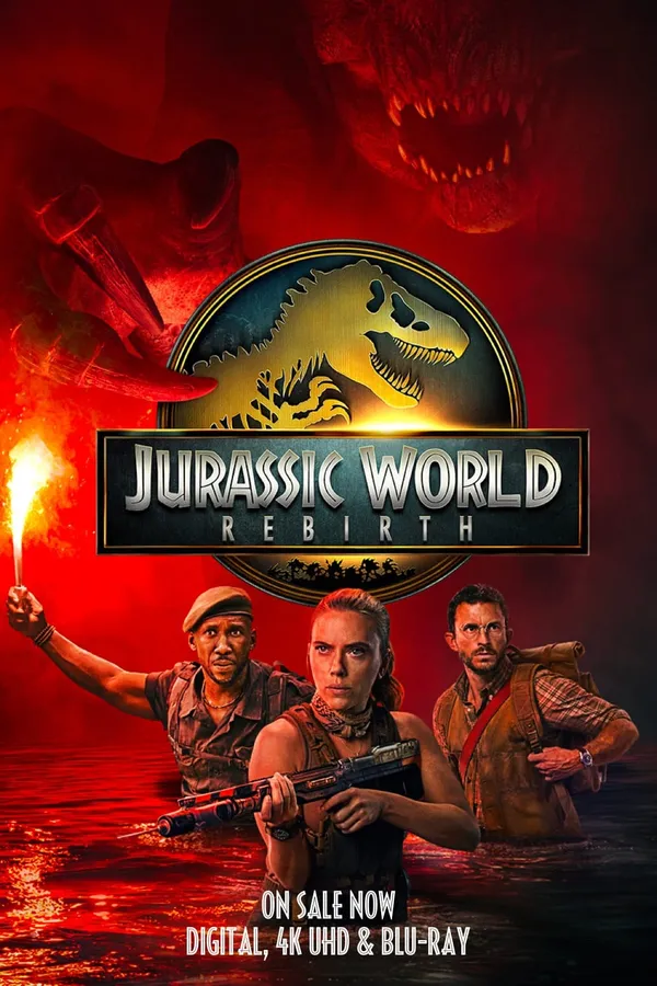 Poster resmi Jurassic World Rebirth (2025): tiga tokoh utama berdiri di air berwarna merah, salah satunya mengangkat suar menyala, di bawah logo Jurassic World Rebirth dengan siluet dinosaurus di latar.