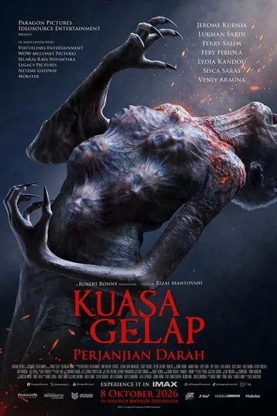 Poster resmi Kuasa Gelap: Perjanjian Darah (2026): sosok iblis berkulit kelabu dengan tubuh melengkung ke belakang, jari bercakar panjang, dan wajah-wajah yang menyembul dari dadanya di latar gelap, judul merah di bagian bawah.