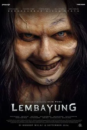 Poster resmi Lembayung (2024): wajah perempuan menyeringai dengan mata pucat dalam bidikan dekat, judul LEMBAYUNG di bawah dan keterangan di bioskop mulai 19 September 2024