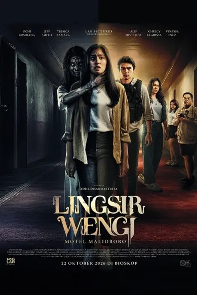 Poster resmi Lingsir Wengi - Motel Malioboro (2026): seorang perempuan dicekik sosok hantu berwajah hitam di lorong motel, dengan pemeran lain berdiri di belakangnya.