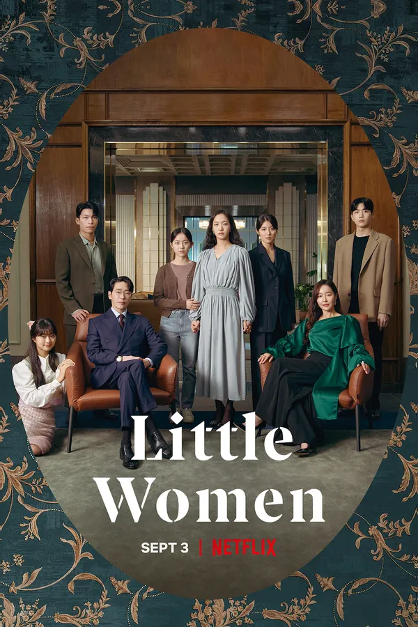 Poster resmi Little Women (2022) dari Netflix: para pemeran berpose di ruang mewah dalam bingkai oval berornamen emas, dengan judul Little Women berwarna putih dan tulisan Sept 3 Netflix
