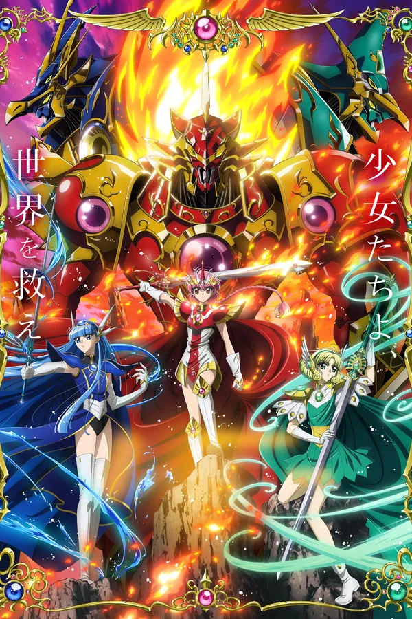 Poster resmi Magic Knight Rayearth (2026), key visual kedua: Hikaru, Umi, dan Fuu berkostum Kesatria Sihir di depan tiga Mashin (Rayearth, Celes, Windam) berlatar kobaran api